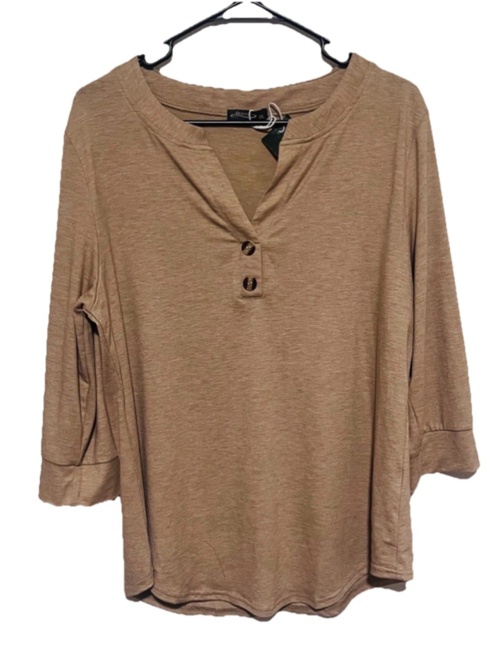 NWT Ofeefan Henley Top Women's 3X Khaki Brown Tan Button Shirt 3/4 Sleeve New